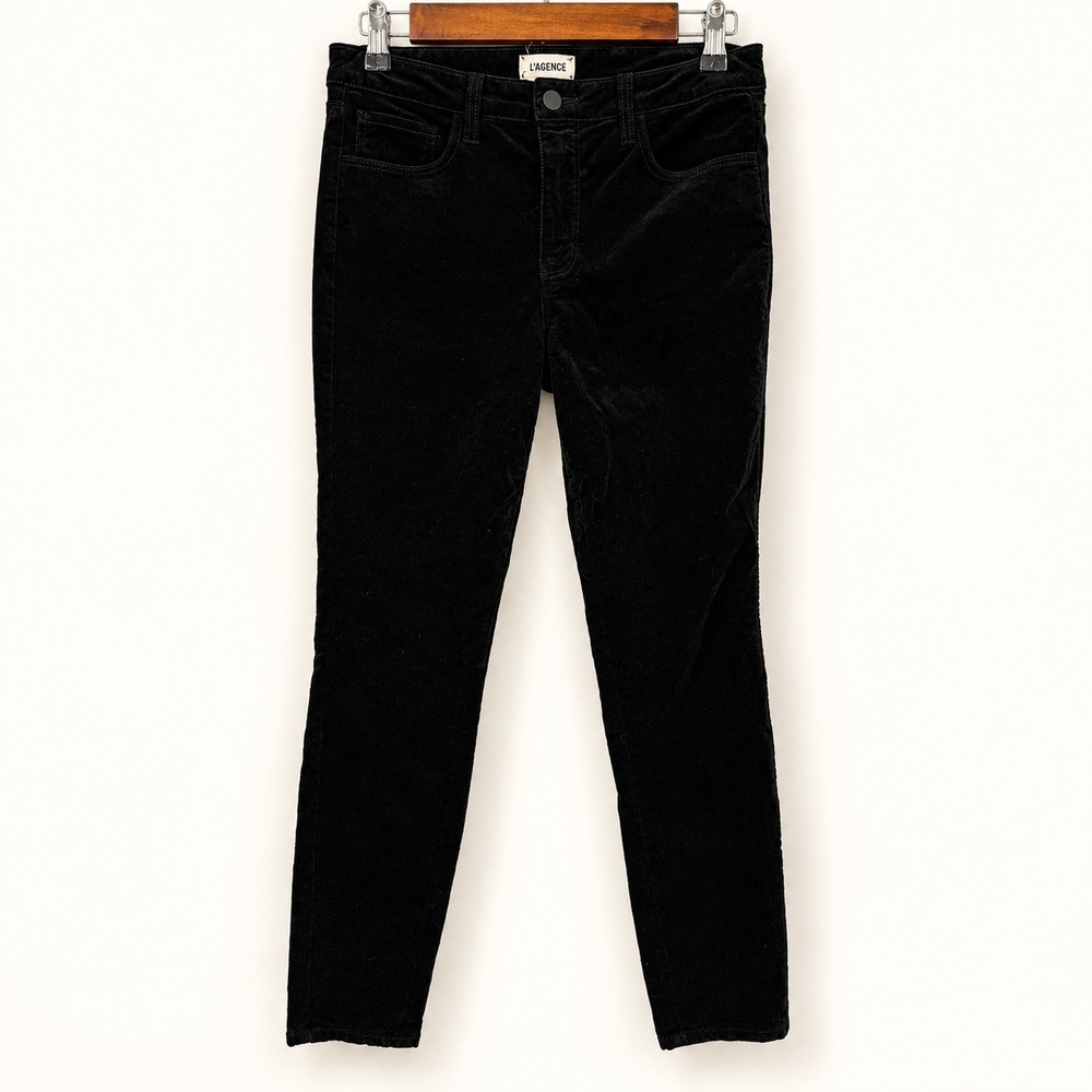 L'AGENCE 27 Marguerite Black Velvet High Rise Skinny Jeans USA Made Stretch Chic